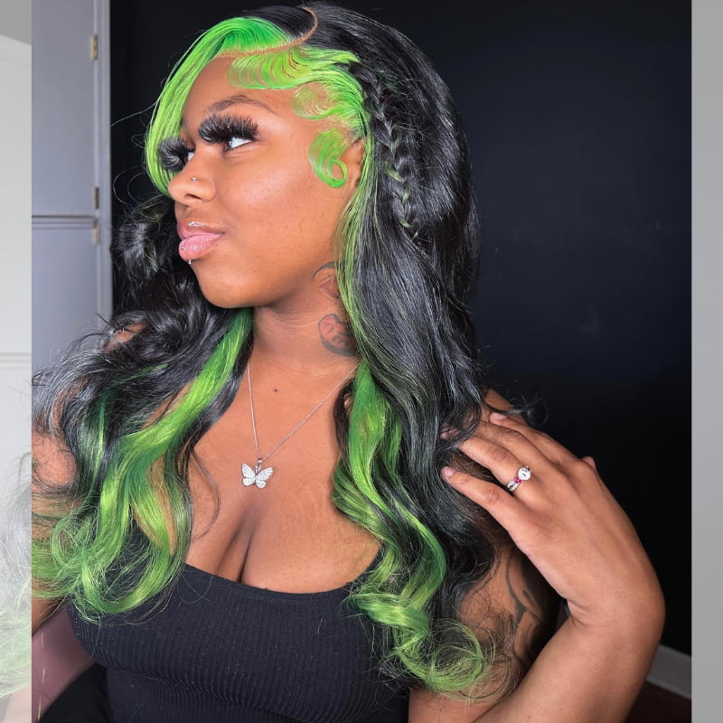 SWAY Black with Green Skunk Stripe Highlight Lace Front Human Hair Wig