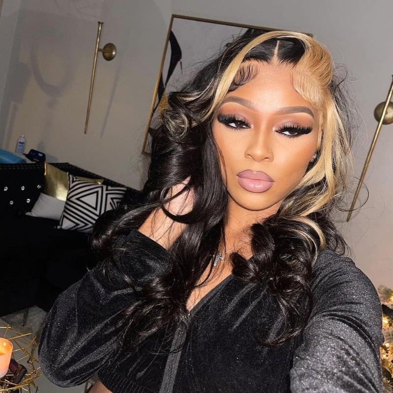 SWAY Black with Honey Blonde Skunk Stripe Lace Front Virgin Human Wigs