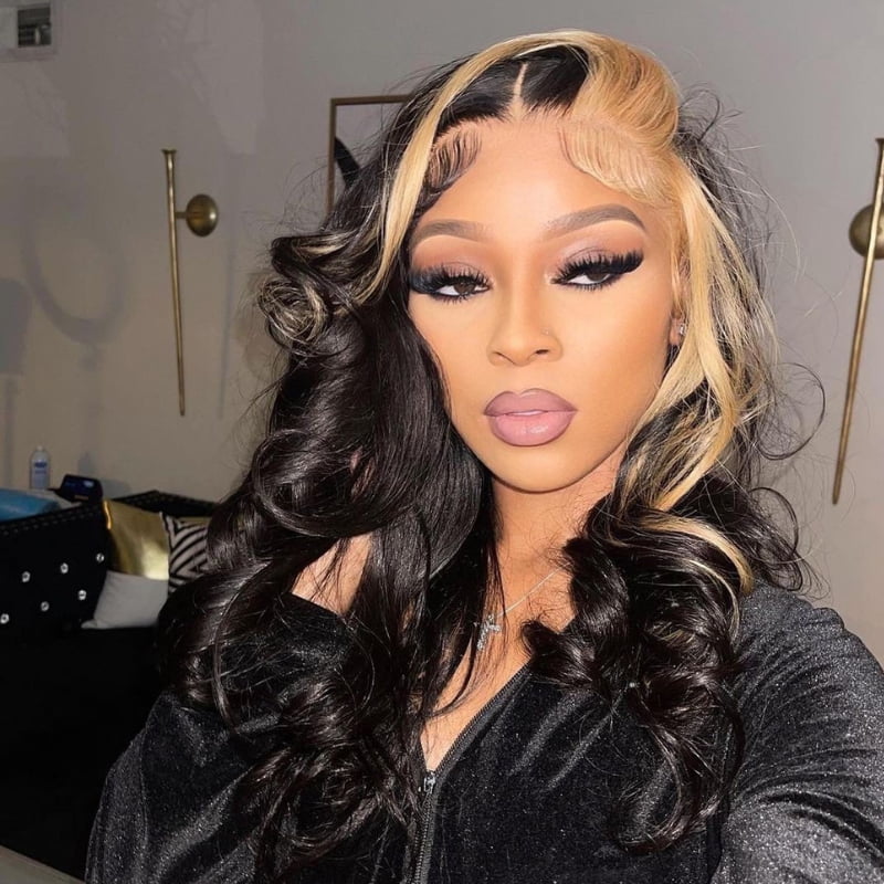 SWAY Black with Honey Blonde Skunk Stripe Lace Front Virgin Human Wigs