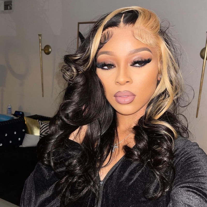 SWAY Black with Honey Blonde Skunk Stripe Lace Front Virgin Human Wigs