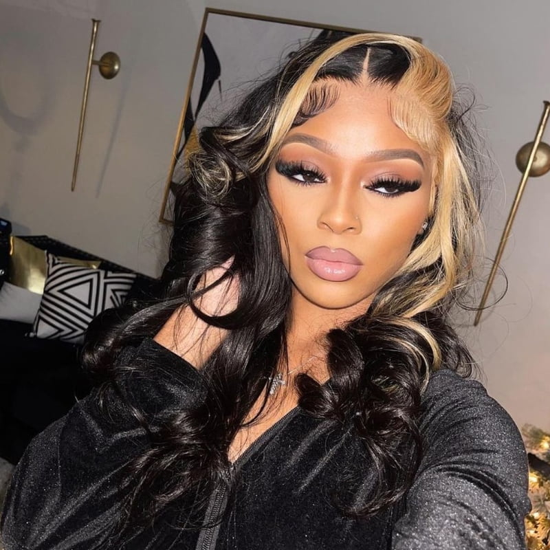 SWAY Black with Honey Blonde Skunk Stripe Lace Front Virgin Human Wigs