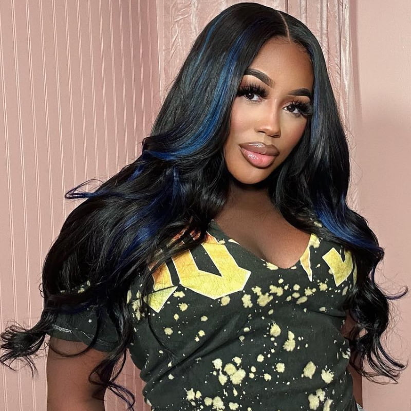 SWAY Black with Purple Blue Highlights Lace Front Virgin Human Wigs