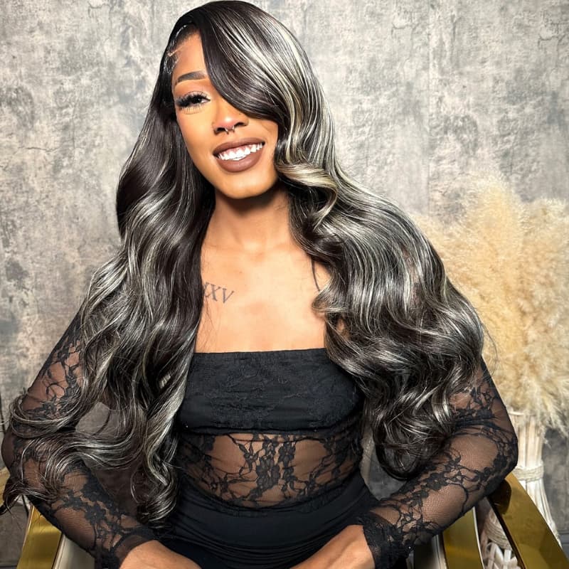 SWAY Black with Silver Grey Brown Highlights 13x4 Lace Front Virgin Human Hair Wigs