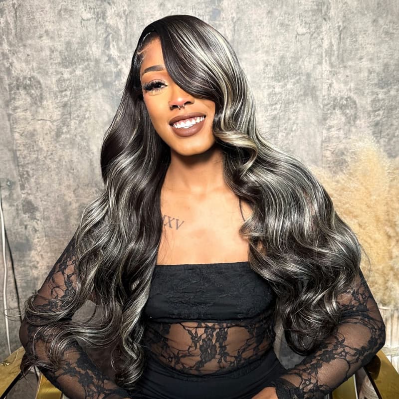 SWAY Black with Silver Grey Brown Highlights 13x4 Lace Front Virgin Human Hair Wigs