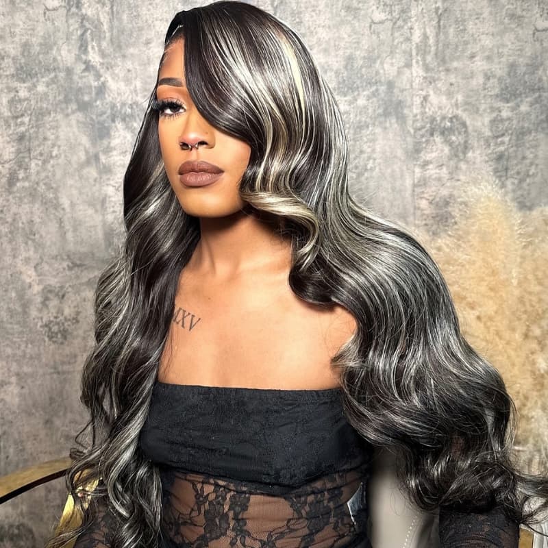 SWAY Black with Silver Grey Brown Highlights 13x4 Lace Front Virgin Human Hair Wigs