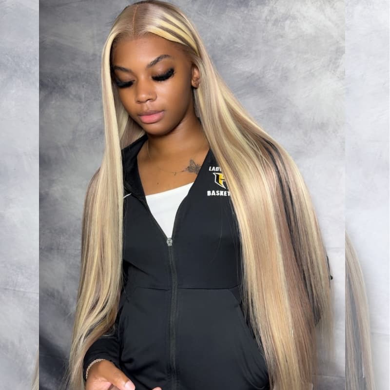 SWAY Blonde Light Brown Highlights Bone Straight Virgin Human Hair Wig