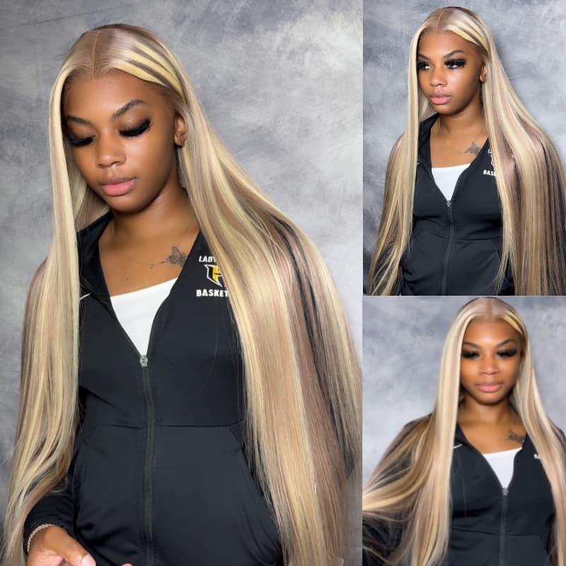 SWAY Blonde Light Brown Highlights Bone Straight Virgin Human Hair Wig