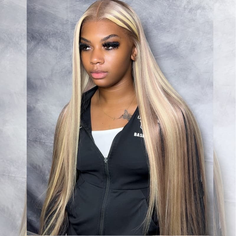 SWAY Blonde Light Brown Highlights Bone Straight Virgin Human Hair Wig