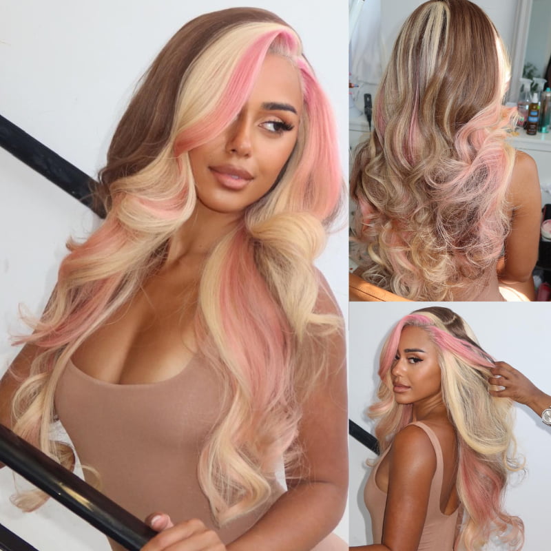 SWAY Blonde With Brown Pink Highlight Lace Front Virgin Human Hair Wig