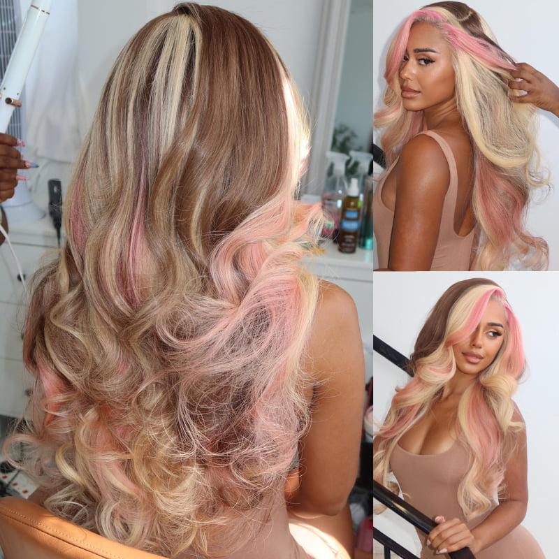 SWAY Blonde With Brown Pink Highlight Lace Front Virgin Human Hair Wig