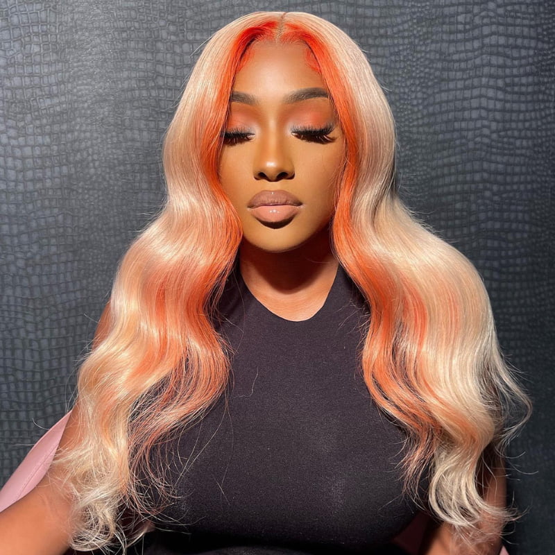 SWAY Blonde with Orange Skunk Stripe 13x4 Lace Front Virgin Human Wigs