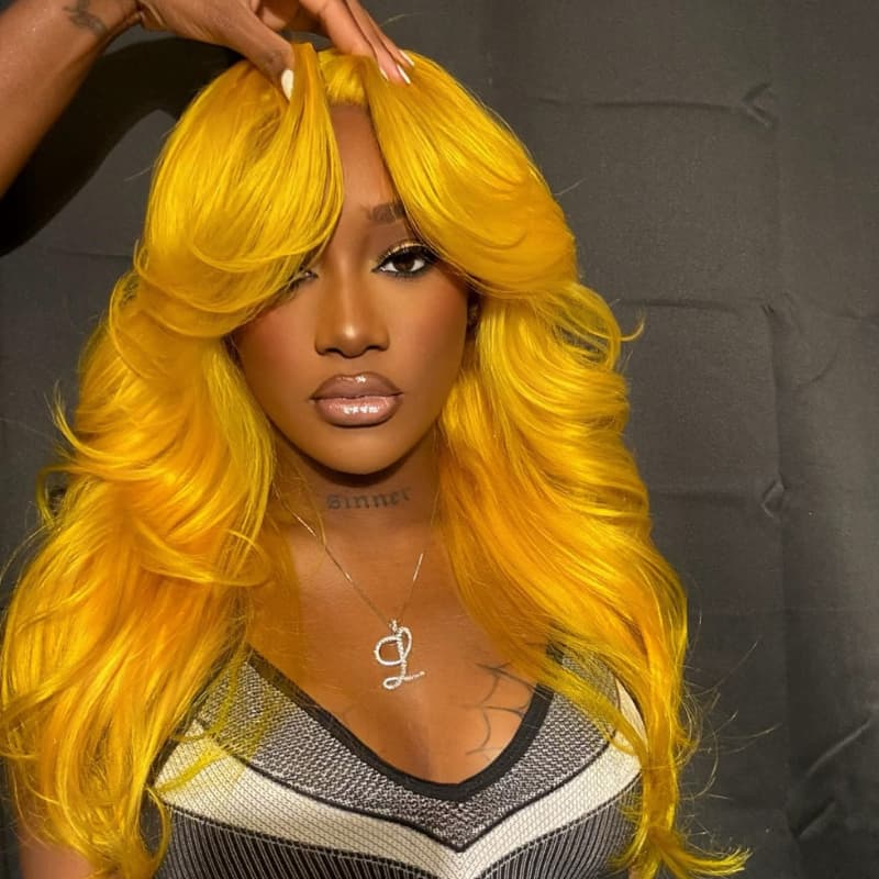 SWAY Yellow Curtain Bangs Layered Wavy 13x4 HD Lace Front Human Wig