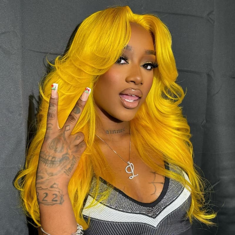 SWAY Yellow Curtain Bangs Layered Wavy 13x4 HD Lace Front Human Wig