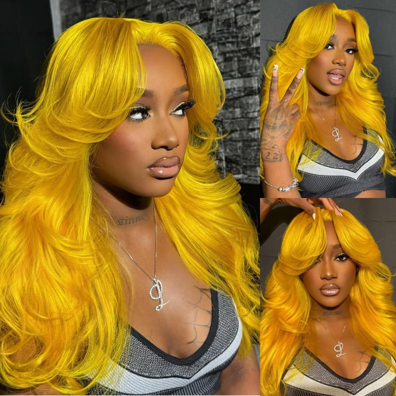 SWAY Yellow Curtain Bangs Layered Wavy 13x4 HD Lace Front Human Wig
