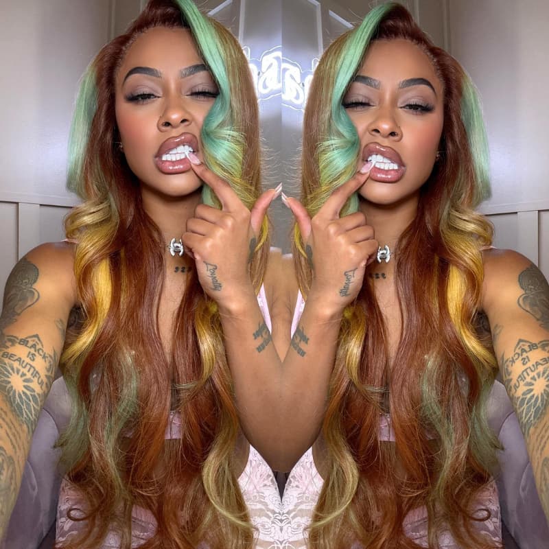 SWAY Brown Aqua Blue Yellow Skunk Stripe Highlights 13x4 Lace Front Virgin Human Hair Wigs