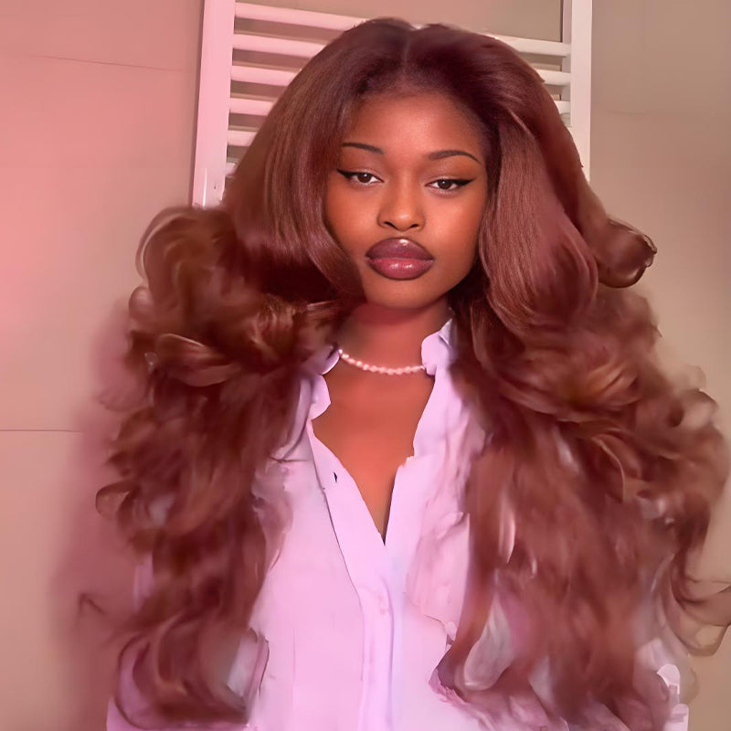 SWAY Brown Curtain Bangs Full Body & Natural Wave 13x4 Lace Front Human Hair Wigs