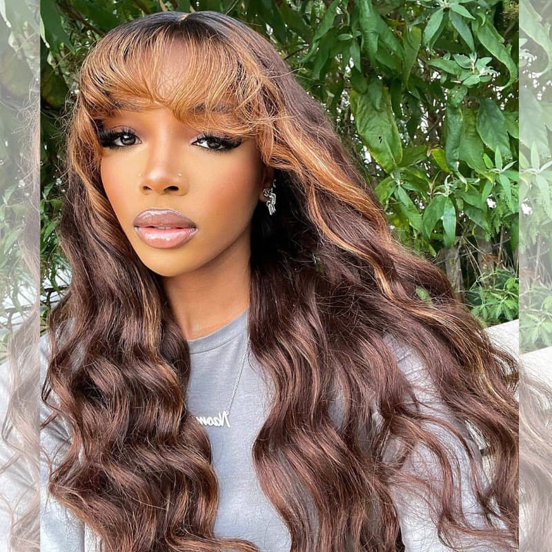 SWAY Brown Highlight With Bangs 13x4 Lace Front Virgin Human Hair Wigs