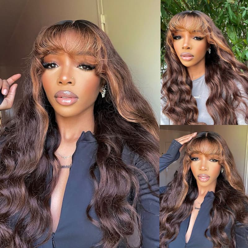 SWAY Brown Highlight With Bangs 13x4 Lace Front Virgin Human Hair Wigs