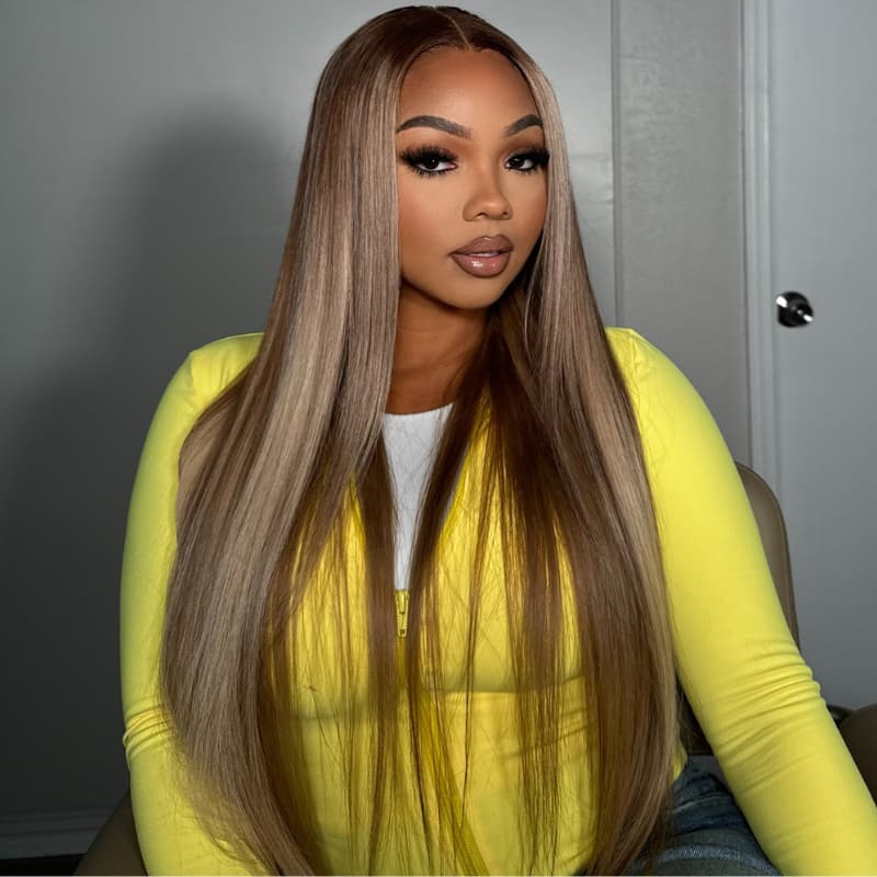 SWAY Brown Highlights Streaks Bone Straight Body Wave Human Hair Wigs