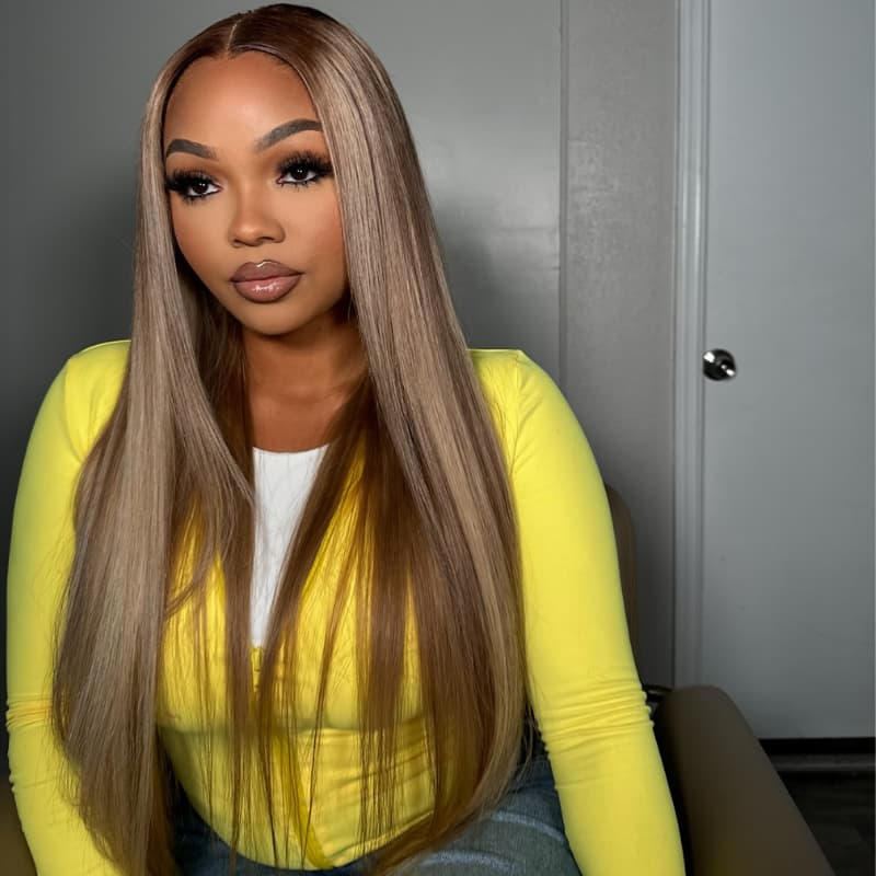 SWAY Brown Highlights Streaks Bone Straight Body Wave Human Hair Wigs