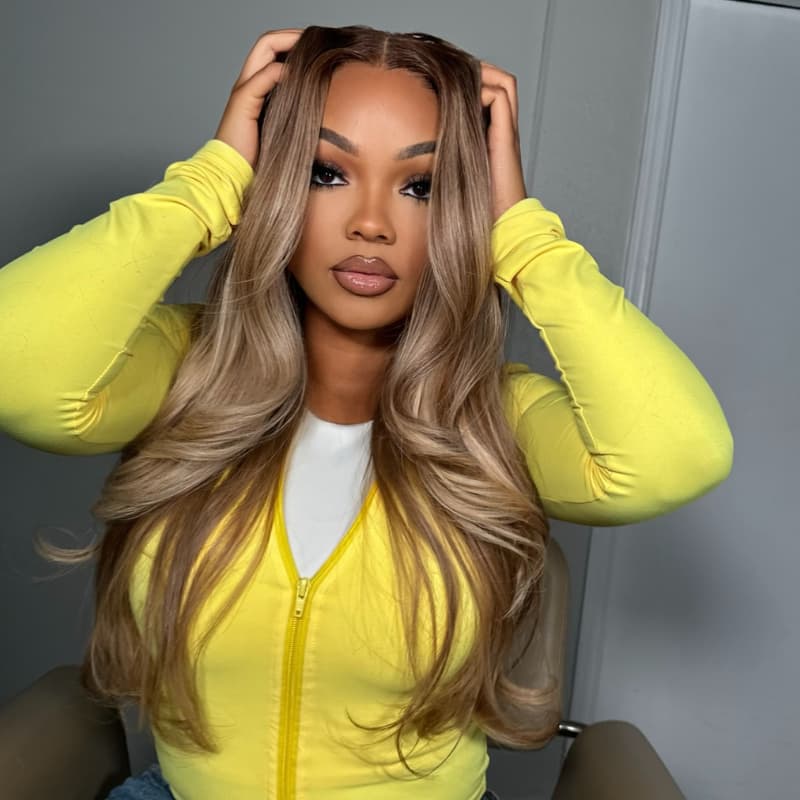SWAY Brown Highlights Streaks Bone Straight Body Wave Human Hair Wigs