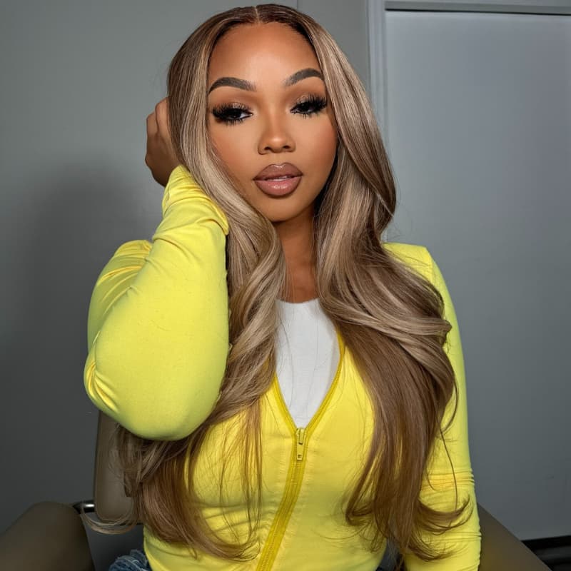 SWAY Brown Highlights Streaks Bone Straight Body Wave Human Hair Wigs