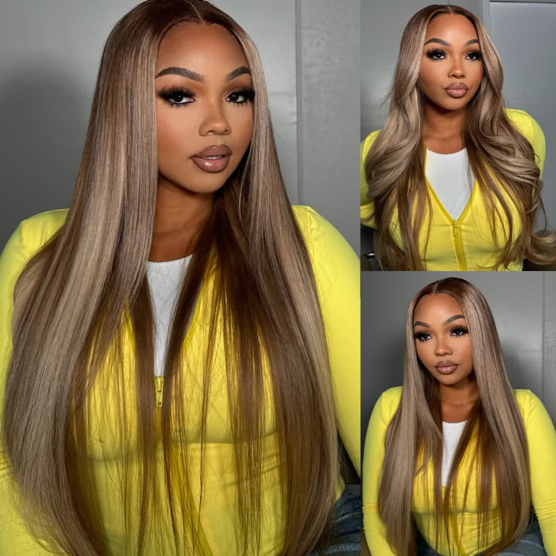 SWAY Brown Highlights Streaks Bone Straight Body Wave Human Hair Wigs