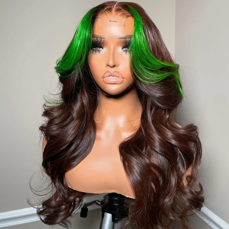 SWAY Brown with Green Skunk Stripe Lace Front Virgin Human Hair Wigs