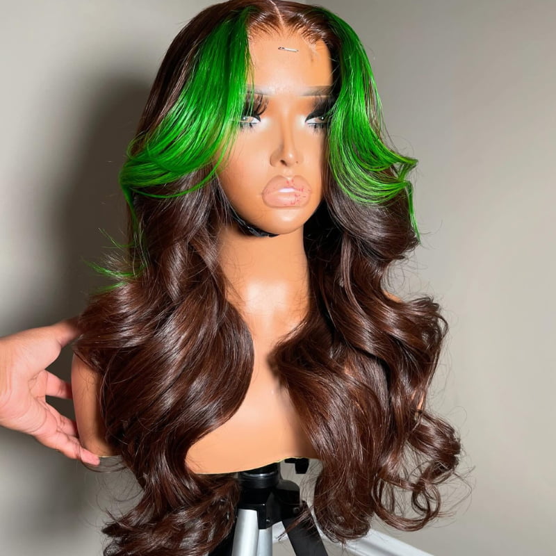 SWAY Brown with Green Skunk Stripe Lace Front Virgin Human Hair Wigs