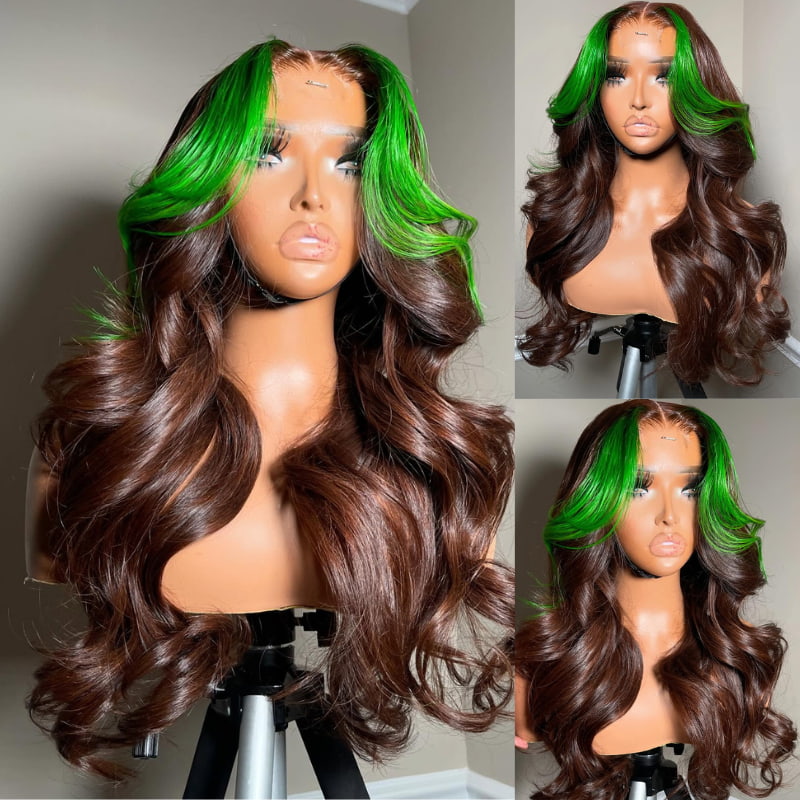 SWAY Brown with Green Skunk Stripe Lace Front Virgin Human Hair Wigs