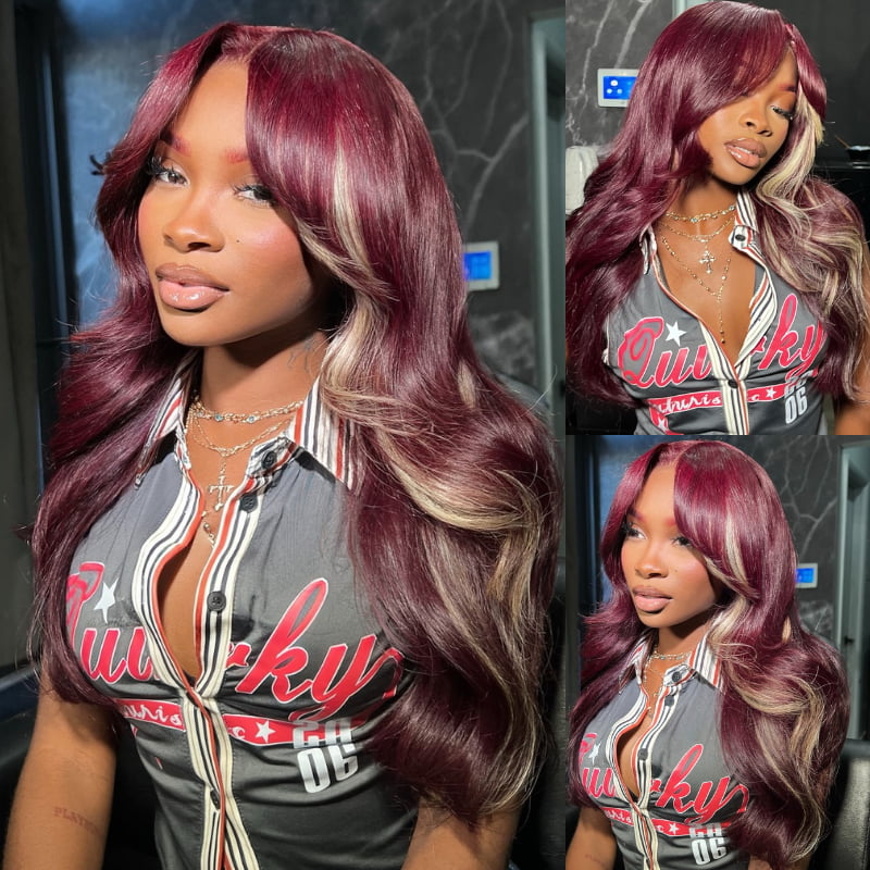 SWAY Burgundy Red with Blonde Highlight Streaks Virgin Human Hair Wigs
