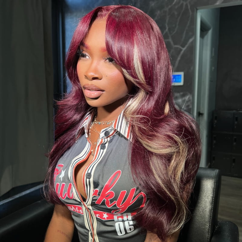 SWAY Burgundy Red with Blonde Highlight Streaks Virgin Human Hair Wigs
