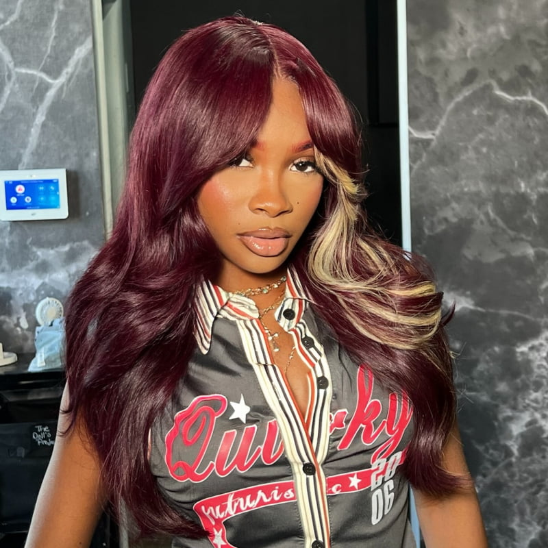 SWAY Burgundy Red with Blonde Highlight Streaks Virgin Human Hair Wigs