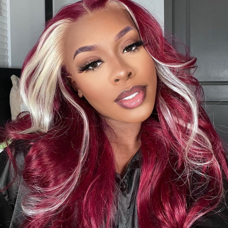 SWAY Burgundy Red with Blonde Skunk Stripe 13x4 Lace Front Virgin Wigs