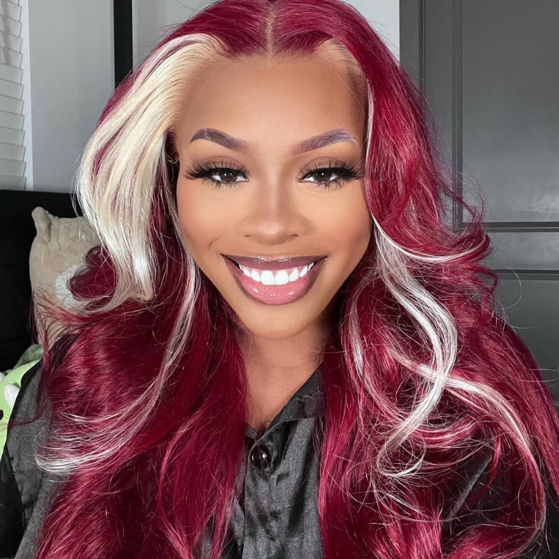 SWAY Burgundy Red with Blonde Skunk Stripe 13x4 Lace Front Virgin Wigs