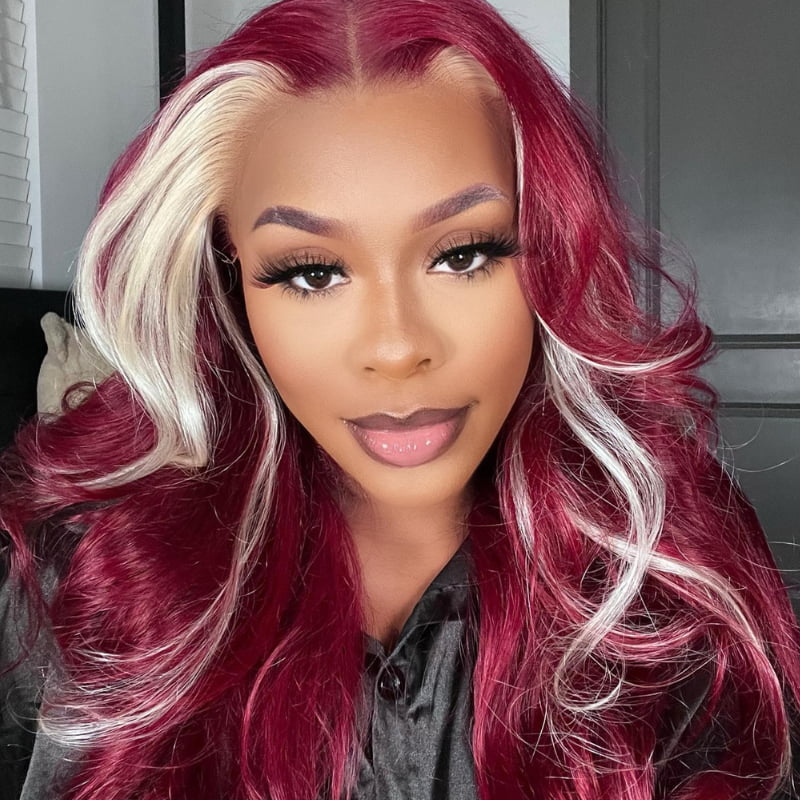 SWAY Burgundy Red with Blonde Skunk Stripe 13x4 Lace Front Virgin Wigs