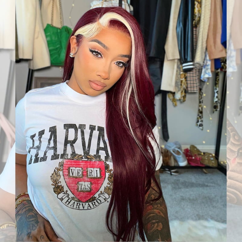 SWAY Burgundy Red with Blonde Skunk Stripe Straight Human Hair Wigs