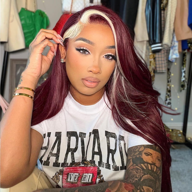 SWAY Burgundy Red with Blonde Skunk Stripe Straight Human Hair Wigs