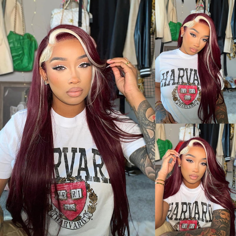 SWAY Burgundy Red with Blonde Skunk Stripe Straight Human Hair Wigs