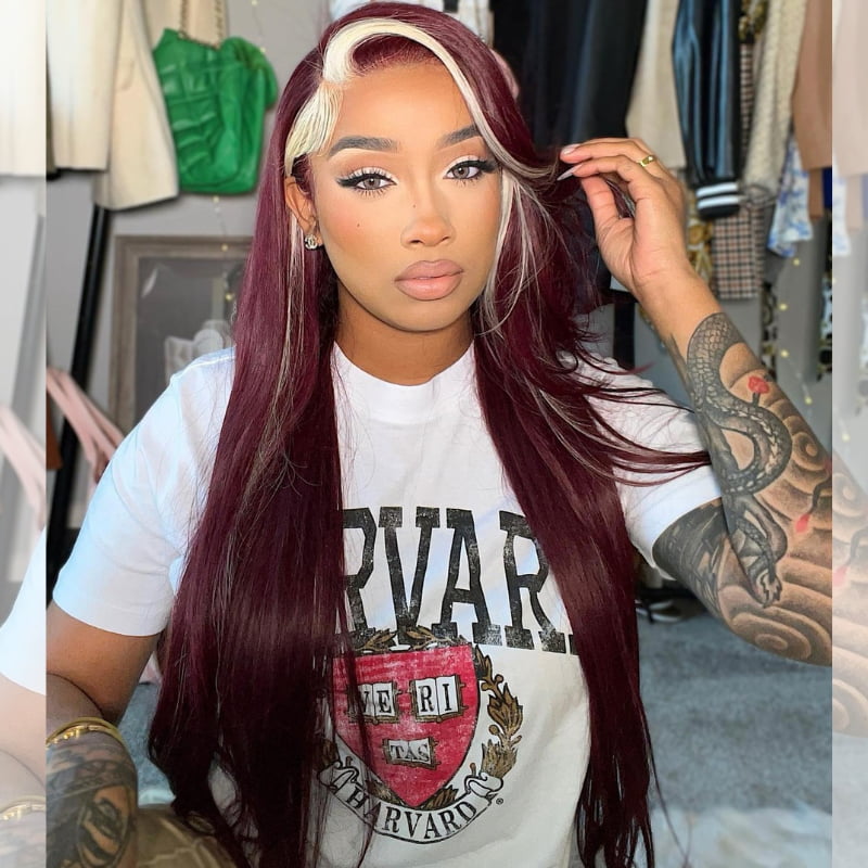 SWAY Burgundy Red with Blonde Skunk Stripe Straight Human Hair Wigs