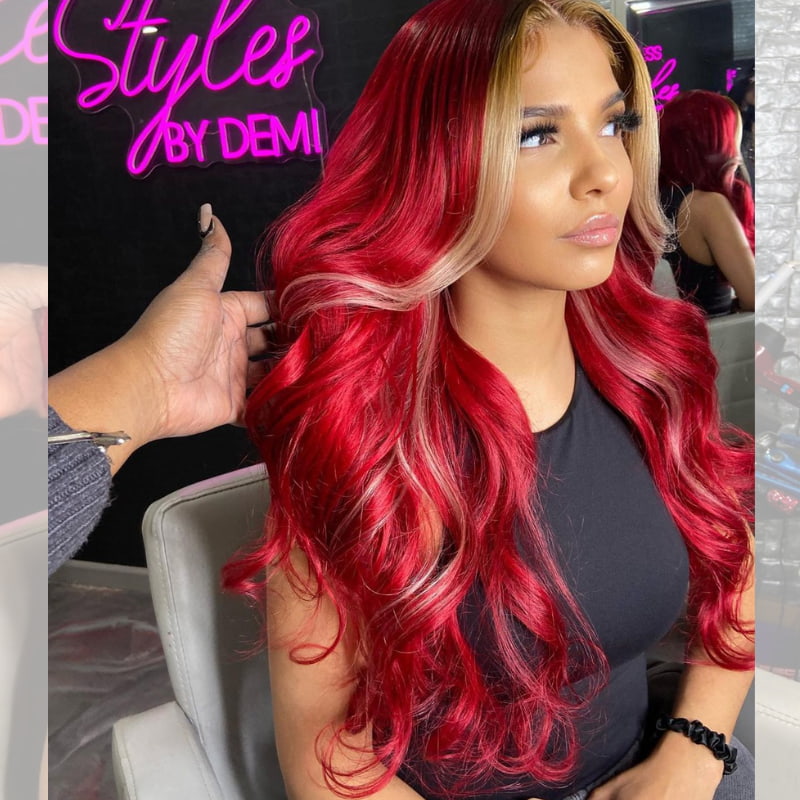 SWAY Burgundy Red with Honey Blonde Skunk Stripe Virgin Human Hair Wig