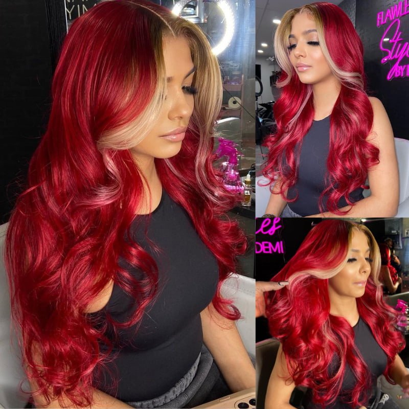 SWAY Burgundy Red with Honey Blonde Skunk Stripe Virgin Human Hair Wig