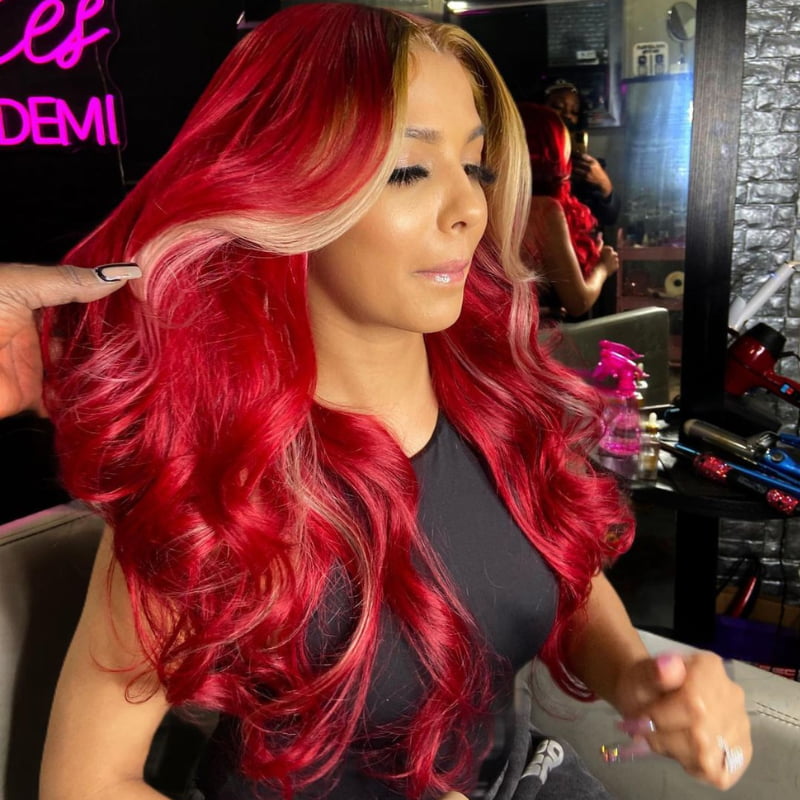 SWAY Burgundy Red with Honey Blonde Skunk Stripe Virgin Human Hair Wig