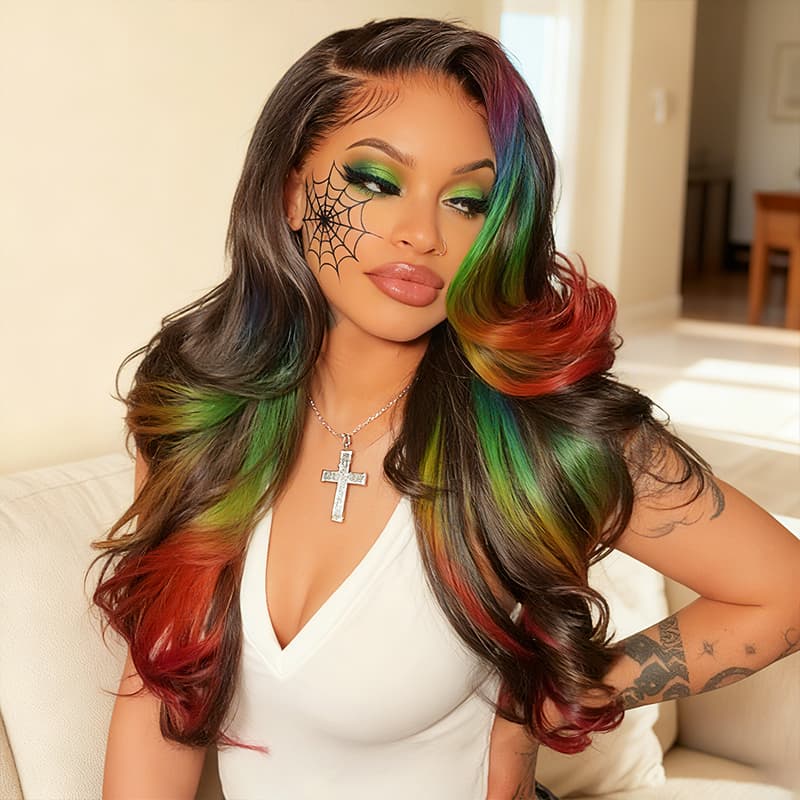 SWAY Halloween Cosplay Black With Ombre Purple Blue Green Red Highlights Human Hair Wigs