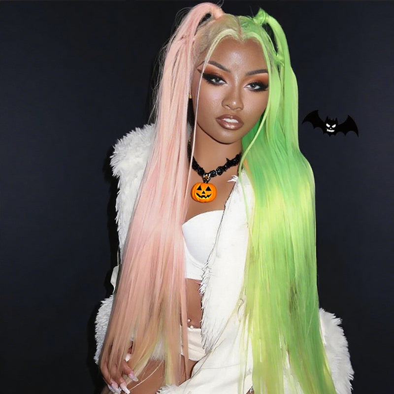 SWAY Halloween Cosplay Half Pink Half Green Split Dye Bone Straight 13x4 Lace Front Human Hair Wigs