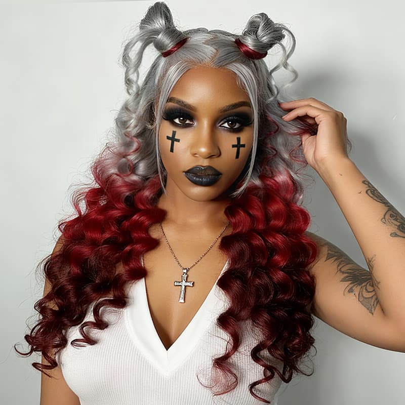 SWAY Halloween Cosplay Ombre Gray Burgundy Red 13x4 Lace Front Virgin Human Hair Wigs