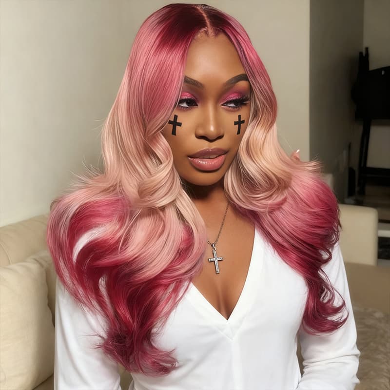 SWAY Halloween Cosplay Ombre Hot Pink Blonde 13x4 Lace Front Virgin Human Hair Wigs