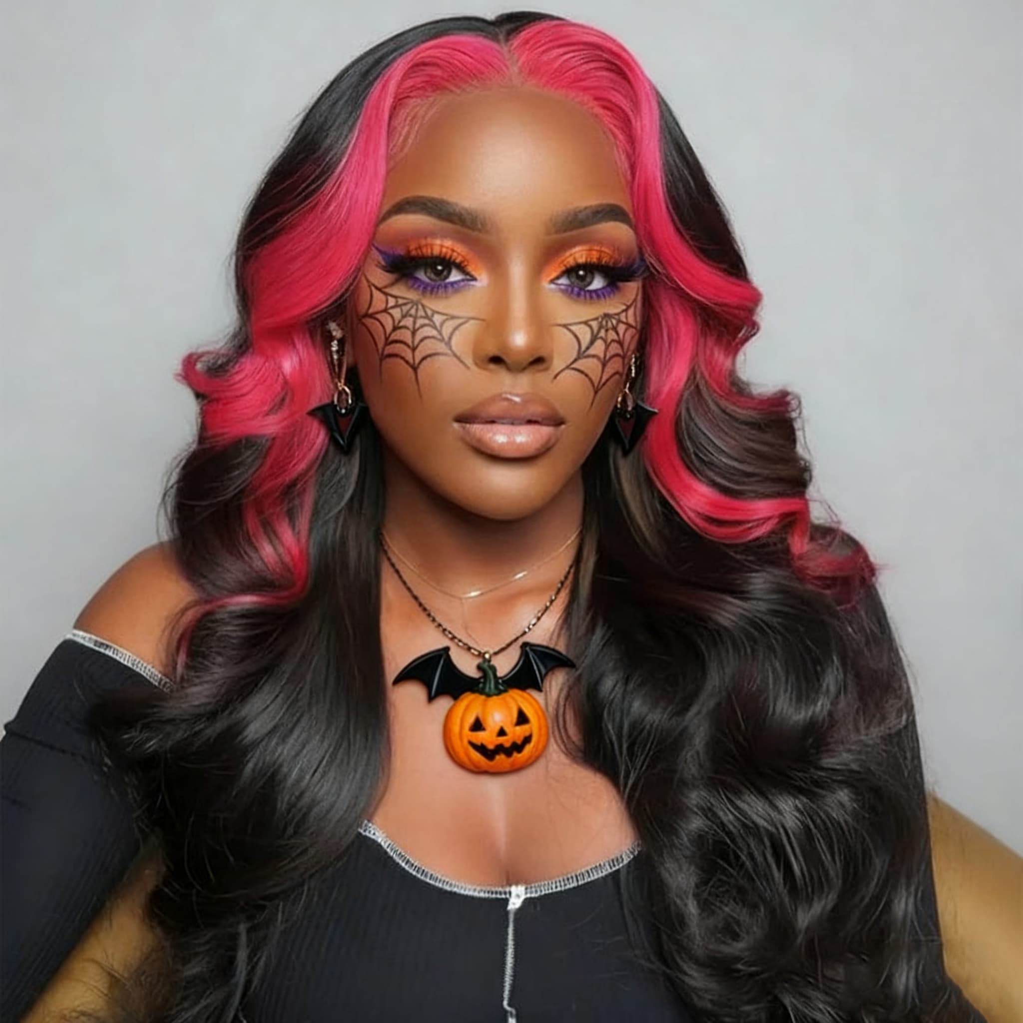 SWAY Halloween Cosplay Pink Red Skunk Stripe Highlights 13x4 Lace Front Human Hair Wigs
