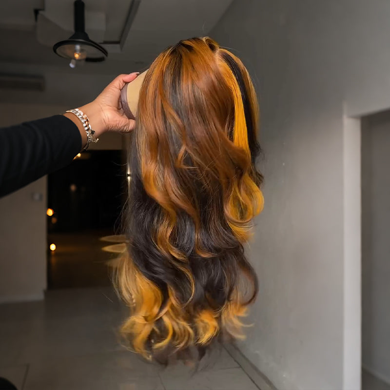 Pelucas de cabello humano SWAY rubio miel con reflejos marrones, 13x4 HD, con encaje frontal 