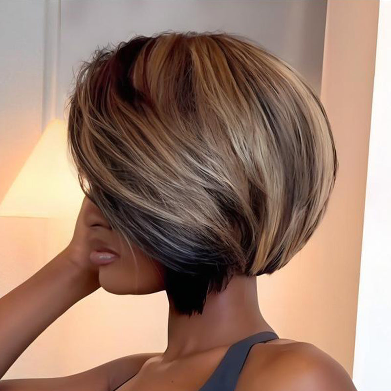 SWAY Elegant Black With Brown Highlights Short Bob Bone Straight 13x4 Lace Front Human Hair Wigs